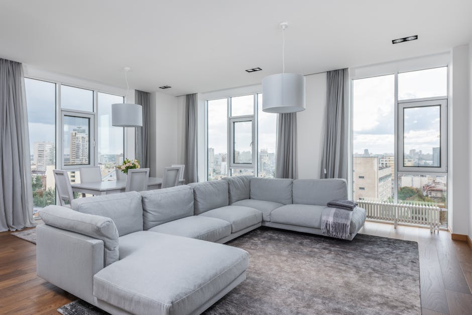 A person wearing black gloves operates a handheld electric upholstery cleaner on a dark gray fabric sofa in a well-lit living room. The sofa has a modern design with a straight backrest and armrests,